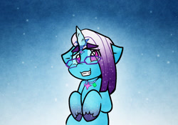 Size: 1223x856 | Tagged: safe, alternate version, artist:zutcha, part of a set, character:comet, species:auroricorn, species:pony, species:unicorn, g5, my little pony: make your mark, my little pony: make your mark chapter 6, my little pony: tell your tale, colored hooves, cometbetes, cute, eye clipping through hair, eyebrows, eyebrows visible through hair, gradient background, grin, hooves, horn, looking at you, male, smiling, smiling at you, snow, snowfall, solo, stallion, unshorn fetlocks