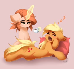 Size: 2560x2386 | Tagged: safe, artist:natanvok, character:applejack, oc, species:earth pony, species:pony, species:unicorn, g4, apple family member, belly, cheek fluff, coffee, cup, drink, duo, duo female, ear fluff, eyebrows, eyes closed, female, floppy ears, glowing horn, high res, horn, levitation, lying down, magic, magic aura, mare, onomatopoeia, open mouth, pillow, signature, sitting, sleeping, sound effects, tail, telekinesis, unicorn oc, yawn, zzz
