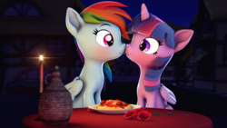Size: 3840x2160 | Tagged: safe, artist:psfmer, character:rainbow dash, character:twilight sparkle, character:twilight sparkle (alicorn), species:alicorn, species:pegasus, species:pony, ship:twidash, g4, 3d, accidental kiss, blushing, boop, candlelight, duo, duo female, eye contact, eyebrows, female, flower, folded wings, food, high res, horn, kiss on the lips, kissing, lady and the tramp, lesbian, looking at each other, looking at someone, mare, movie reference, night, noseboop, outdoors, pasta, plate, ponyville, reference, revamped ponies, rose, shipping, sitting, source filmmaker, spaghetti, spaghetti scene, table, wings