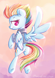Size: 1369x1931 | Tagged: safe, artist:wavecipher, character:rainbow dash, species:pegasus, species:pony, episode:the last problem, g4, my little pony: friendship is magic, ear fluff, female, flying, looking at you, looking back, looking back at you, mare, older, older rainbow dash, rear view, sky, smiling, smiling at you, solo, spread wings, tail, wing fluff, wings