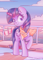 Size: 1369x1931 | Tagged: safe, artist:wavecipher, character:twilight sparkle, character:twilight sparkle (alicorn), species:alicorn, species:pony, g4, boardwalk, clothing, cloud, coffee, coffee cup, cup, female, folded wings, glowing horn, horn, levitation, looking at you, magic, magic aura, mare, one hoof raised, outdoors, railing, raised hoof, scarf, scenery, sky, smiling, smiling at you, solo, telekinesis, water, wings
