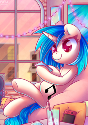 Size: 2480x3508 | Tagged: safe, artist:wavecipher, character:dj pon-3, character:vinyl scratch, species:pony, species:unicorn, g4, cellphone, female, high res, hoof hold, horn, indoors, mare, nintendo, nintendo switch, phone, smartphone, smiling, solo, speaker, string lights, window