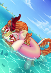 Size: 2480x3508 | Tagged: safe, artist:wavecipher, character:autumn blaze, species:kirin, g4, awwtumn blaze, cloud, cloven hooves, cute, female, fish, floating, high res, hooves, horn, inflatable, inner tube, kirinbetes, looking down, outdoors, palm tree, sky, smiling, solo, tail, tree, underwater, unshorn fetlocks, water