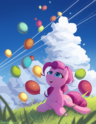 Size: 2050x2624 | Tagged: safe, artist:emeraldgalaxy, character:pinkie pie, species:earth pony, species:pony, g4, balloon, cloud, ear fluff, eyebrows, female, grass, high res, lying down, mare, open mouth, open smile, outdoors, prone, signature, sky, smiling, solo, that pony sure does love balloons