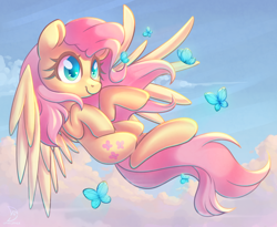 Size: 2784x2288 | Tagged: safe, artist:wavecipher, character:fluttershy, species:pegasus, species:pony, g4, butterfly, cloud, cute, female, flying, heart, heart eyes, high res, mare, outdoors, shyabetes, sky, smiling, solo, spread wings, wingding eyes, wings