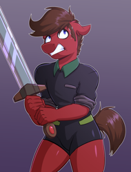 Size: 2108x2776 | Tagged: safe, artist:witchtaunter, species:anthro, species:pony, clothing, commission, male, scared, shorts, stallion, sword, weapon
