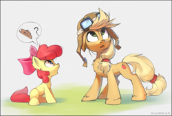 Size: 1447x981 | Tagged: safe, artist:ramiras, character:apple bloom, character:applejack, species:earth pony, species:pony, episode:how applejack got her hat back, g4, g4.5, my little pony: pony life, my little pony:pony life, spoiler:pony life s01e04, apple bloom's bow, apple family member, apple sisters, applejack's hat, aviator goggles, aviator hat, blank flank, blue eyes, bow, clothing, cowboy hat, dialogue, duo, duo female, female, filly, g4.5 to g4, goggles, hair bow, hat, looking up, mare, open mouth, pictogram, pilotjack, question mark, siblings, sisters, sitting, speech bubble, stetson, wrong eye color, young