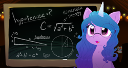 Size: 2100x1125 | Tagged: safe, artist:rainbow eevee, character:izzy moonbow, character:rainbow dash, species:pony, species:unicorn, g4, g5, my little pony: a new generation, algebra, angle, chalk, chalkboard, circle, cute, female, g5 to g4, generation leap, geometry, glasses, gradient hair, hypotenuse, izzybetes, magenta eyes, math, multicolored hair, open mouth, presentation, pythagorean theorem, round glasses, scene interpretation, solo