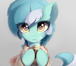 Size: 3000x2600 | Tagged: safe, artist:ifmsoul, character:lyra heartstrings, species:pony, species:unicorn, g4, bust, cheek fluff, clothing, coffee cup, cup, cute, ear fluff, eye clipping through hair, female, high res, hoof hold, horn, looking at you, lyrabetes, mare, scarf, solo, sweater