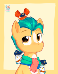 Size: 1015x1285 | Tagged: safe, artist:rainbow eevee, character:hitch trailblazer, character:mcsnips-a-lot, species:bird, species:crab, species:earth pony, species:pony, g5, my little pony: tell your tale, badge, blaze (coat marking), brown eyes, chest fluff, clothing, coat markings, critter magnet, cute, eyebrows, frown, hat, hitch trailblazer is not amused, hitchbetes, lidded eyes, looking at you, male, multicolored mane, orange coat, police hat, scarf, simple background, solo, two toned mane, unamused
