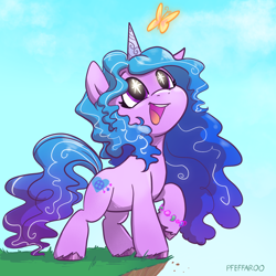 Size: 2208x2208 | Tagged: safe, artist:pfeffaroo, character:izzy moonbow, species:pony, species:unicorn, g5, bracelet, butterfly, cliff, colored hooves, curly hair, curly mane, cute, female, filly, filly izzy moonbow, gradient hair, happy, high res, hooves, horn, izzybetes, jewelry, looking up, multicolored hair, open mouth, open smile, raised hoof, signature, smiling, solo, starry eyes, the fool, unshorn fetlocks, weapons-grade cute, wingding eyes, young, younger