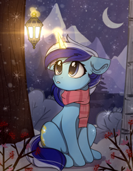 Size: 2000x2578 | Tagged: safe, artist:radioaxi, character:minuette, species:pony, species:unicorn, g4, cheek fluff, clothing, crescent moon, cute, ear fluff, female, floppy ears, glowing horn, high res, horn, lamp, lantern, levitation, magic, magic aura, mare, minubetes, moon, scarf, sitting, snow, snowfall, snowflake, solo, striped scarf, telekinesis, winter