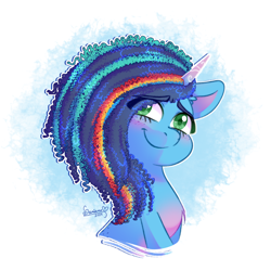 Size: 2200x2200 | Tagged: safe, alternate version, artist:soniana252, part of a set, character:misty brightdawn, species:pony, species:unicorn, g5, my little pony: make your mark, alternate hair color, alternate hairstyle, bust, colored eyebrows, colored pupils, cute, eyebrows, horn, mistybetes, multicolored hair, portrait, rainbow hair, rainbow streak, smiling