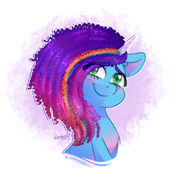 Size: 2200x2200 | Tagged: safe, alternate version, artist:soniana252, part of a set, character:misty brightdawn, species:pony, species:unicorn, g5, my little pony: make your mark, alternate hair color, alternate hairstyle, bust, colored eyebrows, colored pupils, cute, eyebrows, female, horn, mare, mistybetes, multicolored hair, portrait, rainbow hair, rainbow streak, rebirth misty, smiling