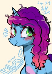 Size: 1240x1754 | Tagged: safe, artist:jully-park, character:misty brightdawn, species:pony, species:unicorn, g5, my little pony: make your mark, my little pony: tell your tale, blush lines, blushing, colored eyebrows, cute, emanata, eyebrows, eyebrows visible through hair, female, horn, korean, looking at you, mare, mistybetes, rebirth misty, signature, simple background, smiling, solo, text, three quarter view, yellow background