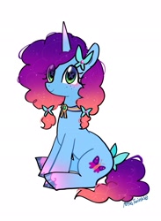 Size: 1503x2048 | Tagged: safe, artist:petaltwinkle, character:misty brightdawn, species:pony, species:unicorn, g5, my little pony: make your mark, my little pony: tell your tale, alternate design, alternate hairstyle, blue coat, bow, coat markings, colored hooves, curly mane, curly tail, cute, cutie mark eyes, eye clipping through hair, eyelashes, female, freckles, gradient hair, gradient horn, gradient legs, green eyes, hair bow, hooves, horn, looking at you, mare, mistybetes, multicolored hair, pigtails, rebirth misty, ribbon, shiny hoof, signature, simple background, sitting, smiling, smiling at you, socks (coat marking), solo, sparkly mane, sparkly tail, tail, tail bow, three quarter view, unshorn fetlocks, white background, wingding eyes