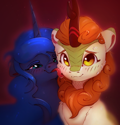 Size: 1506x1570 | Tagged: safe, artist:itssim, character:autumn blaze, character:princess luna, species:alicorn, species:kirin, species:pony, g4, awwtumn blaze, blushing, cute, duo, duo female, eyebrows, female, floppy ears, horn, kirinbetes, lesbian, licking, lidded eyes, looking at you, lunabetes, mare, shipping, smiling, smiling at you, tongue out