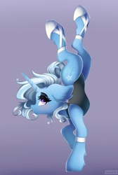 Size: 1719x2560 | Tagged: safe, artist:natanvok, character:trixie, species:pony, species:unicorn, g4, ballet slippers, clothing, ear fluff, eyebrows, female, gradient background, handstand, high res, horn, leotard, mare, profile, solo, standing, standing on one leg, upside down
