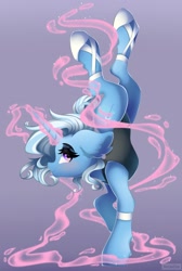 Size: 1719x2560 | Tagged: safe, alternate version, artist:natanvok, character:trixie, species:pony, species:unicorn, g4, ballet slippers, clothing, ear fluff, eyebrows, female, glowing horn, gradient background, handstand, high res, horn, leotard, magic, magic aura, mare, profile, solo, standing, standing on one leg, upside down