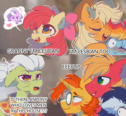 Size: 2200x2035 | Tagged: safe, artist:mirtash, character:apple bloom, character:applejack, character:big mcintosh, character:diamond tiara, character:granny smith, character:rainbow dash, character:soarin', character:sunburst, species:earth pony, species:pegasus, species:pony, species:unicorn, ship:appledash, ship:diamondbloom, g4, apple bloom's bow, apple family member, applejack's hat, blushing, bow, clothing, cowboy hat, ear fluff, eye clipping through hair, eyebrows, eyes closed, female, floppy ears, freckles, gay, glasses, hair bow, hat, heart, high res, horn, lesbian, macburst, male, mare, meme, one eye closed, open mouth, open smile, shipping, smiling, soarmac, stallion, stetson
