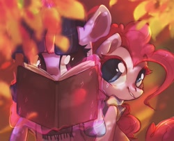 Size: 1301x1056 | Tagged: safe, artist:angrygem, artist:helune, character:pinkie pie, character:twilight sparkle, species:earth pony, species:pony, species:unicorn, g4, autumn, book, clothing, cute, dappled sunlight, diapinkes, duo, duo female, eye contact, female, glowing horn, horn, leaf, levitation, looking at each other, looking at someone, magic, magic aura, mare, scarf, smiling, striped scarf, telekinesis, twiabetes
