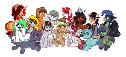 Size: 6048x2744 | Tagged: safe, artist:dandy, oc, oc only, oc:cherry heart, oc:cornflake, oc:fila brightspark, oc:gray hat, oc:gulfstream, oc:gumdrop, oc:lux, oc:marine, oc:minty breeze, oc:mixtape, oc:polina star, oc:spring tide, oc:still waters, oc:sylvia evergreen, oc:zion rift, species:alicorn, species:bat pony, species:dragon, species:earth pony, species:hippogriff, species:pegasus, species:pony, species:unicorn, species:zebra, derpibooru, derpibooru community collaboration, 2024 community collab, absurd resolution, alicorn oc, bat ears, bat eyes, bat pony oc, bedroom eyes, blep, blushing, braid, braided pigtails, chibi, clothing, computer, curved horn, dragon oc, ear tufts, earth pony oc, eyeshadow, facial hair, fangs, female, fish tail, flower, flower in hair, gills, glasses, group, hair tie, hat, hippogriff oc, horn, jewelry, laptop computer, lipstick, lying down, makeup, male, necklace, non-pony oc, one ear down, open mouth, original species, pegasus oc, pigtails, ponytail, ranger, round glasses, shark, shark pony, shark pony oc, shark tail, sharp teeth, simple background, sitting, smiling, socks, spread wings, sunglasses, tail, tongue out, transparent background, unicorn oc, vest, whiskers, wings, zebra oc
