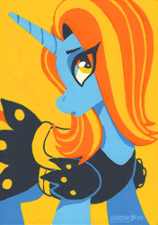 Size: 2918x4144 | Tagged: safe, artist:dandy, character:sassy saddles, species:pony, species:unicorn, g4, acrylic painting, clothing, dress, eye clipping through hair, female, high res, horn, lidded eyes, limited palette, lineless, looking at you, mare, saddle, simple background, solo, tack, traditional art, turned head, yellow background