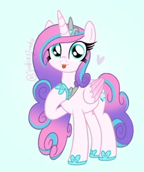 Size: 537x643 | Tagged: safe, artist:jinkiesjunko, character:princess flurry heart, species:alicorn, species:pony, g4, blep, blue background, clothing, colored wings, crown, cute, female, flurrybetes, heart, hoof shoes, jewelry, mare, multicolored wings, necklace, older, older flurry heart, peytral, raised hoof, regalia, shoes, signature, simple background, solo, tongue out, two toned wings, wings