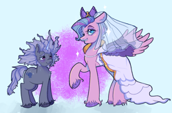 Size: 1888x1243 | Tagged: safe, artist:kreeeeeez, derpibooru original, character:alphabittle, character:alphabittle blossomforth, character:queen haven, species:pegasus, species:pony, species:unicorn, ship:alphahaven, g5, my little pony: make your mark, my little pony: tell your tale, colored hooves, colored wings, concave belly, eyebrows, eyelashes, eyeshadow, female, height difference, hooves, horn, lacrimal caruncle, lidded eyes, makeup, male, mare, meme, multicolored wings, physique difference, raised hoof, shipping, size difference, slender, spread wings, stallion, straight, the bride and the ugly ass groom, thin, two toned wings, unshorn fetlocks, wings