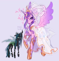 Size: 2450x2533 | Tagged: safe, artist:peachmichea, character:princess cadance, character:queen chrysalis, species:alicorn, species:changeling, species:pony, ship:cadalis, g4, alternate hairstyle, bags under eyes, bracelet, changeling queen, clothing, dress, duo, duo female, eyeshadow, female, floating heart, heart, height difference, hoof shoes, horn, horn jewelry, horn ring, infidelity, jewelry, lesbian, lidded eyes, makeup, mare, meme, necklace, peytral, princess shoes, raised hoof, redraw, regalia, ring, shipping, shoes, signature, simple background, size difference, smiling, spread wings, subverted meme, tail, the bride and the ugly ass groom, tiara, toy interpretation, wedding dress, wedding veil, wings