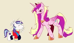 Size: 1582x924 | Tagged: safe, artist:firemauer, character:princess cadance, character:shining armor, species:alicorn, species:pony, species:unicorn, ship:shiningcadance, g4, blushing, clothing, duo, duo male and female, female, fierce, folded wings, height difference, hoof shoes, horn, injured, jewelry, larger female, lidded eyes, male, mare, messy mane, messy tail, necklace, peytral, princess shoes, redraw, regalia, role reversal, shipping, shoes, simple background, size difference, smaller male, smiling, sparkles, stallion, straight, tail, tan background, the bride and the ugly ass groom, uniform, wings