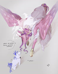 Size: 3000x3820 | Tagged: safe, artist:pox_0i, character:princess cadance, character:shining armor, species:alicorn, species:pony, species:unicorn, ship:shiningcadance, g4, alternate hairstyle, blushing, bow tie, clothing, curved horn, dialogue, dress, duo, female, gray background, height difference, hoof shoes, horn, jewelry, male, mare, meme, redraw, regalia, shipping, shoes, simple background, stallion, straight, the bride and the ugly ass groom, toy interpretation, wedding dress