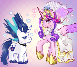 Size: 1145x1000 | Tagged: safe, artist:incapacitatedvixen, character:princess cadance, character:shining armor, species:alicorn, species:pony, species:unicorn, ship:shiningcadance, g4, bow tie, clothing, dress, duo, female, heart, height difference, hoof shoes, horn, lidded eyes, looking at you, male, mare, meme, princess shoes, raised hoof, shipping, shoes, spread wings, stallion, straight, the bride and the ugly ass groom, toy interpretation, wedding dress, wings