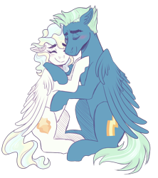 Size: 2400x2700 | Tagged: safe, artist:monnarcha, character:sky stinger, character:vapor trail, species:pegasus, species:pony, ship:vaporsky, g4, blushing, colored eyebrows, cuddling, cute, duo, eyebrows, eyebrows visible through hair, eyes closed, female, floppy ears, high res, hug, male, mare, shipping, simple background, sitting, stallion, straight, transparent background