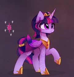 Size: 1677x1740 | Tagged: safe, alternate version, artist:magnaluna, character:twilight sparkle, character:twilight sparkle (alicorn), species:alicorn, species:pony, g4, alternate hairstyle, clothing, crown, female, folded wings, hoof shoes, horn, jewelry, mare, necklace, peytral, princess shoes, raised hoof, regalia, shoes, smiling, solo, wings