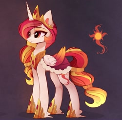 Size: 1963x1929 | Tagged: safe, alternate version, artist:magnaluna, character:princess celestia, species:alicorn, species:pony, g4, alternate cutie mark, alternate hairstyle, alternate universe, cloak, clothing, crown, cutie mark, female, folded wings, hoof shoes, horn, jewelry, mare, necklace, peytral, princess shoes, regalia, shoes, smiling, solo, wings, zefiros codex