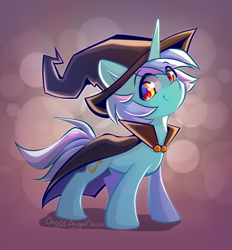 Size: 3849x4148 | Tagged: safe, artist:chaosangeldesu, character:lyra heartstrings, species:pony, species:unicorn, g4, abstract background, cape, clothing, cute, eye clipping through hair, eyebrows, eyebrows visible through hair, female, halloween, hat, high res, holiday, horn, looking at you, lyrabetes, mare, signature, smiling, smiling at you, solo, witch hat