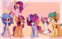 Size: 3874x2431 | Tagged: safe, artist:thebigstuff89, character:hitch trailblazer, character:izzy moonbow, character:misty brightdawn, character:pipp petals, character:sunny starscout, character:zipp storm, species:earth pony, species:pegasus, species:pony, species:unicorn, g5, my little pony: make your mark, my little pony: tell your tale, :3, :o, blaze (coat marking), chest fluff, colored wings, diadem, ear fluff, eyebrows, female, flying, folded wings, gradient hair, grin, group, high res, horn, horn impalement, hornball, izzy's tennis ball, jewelry, looking at you, male, mane six (g5), mane stripe sunny, mare, multicolored hair, multicolored wings, open mouth, pipp wings, rebirth misty, regalia, sextet, sitting, smiling, smiling at you, spread wings, stallion, tennis ball, wings