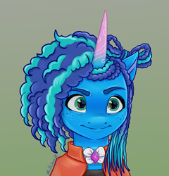 Size: 5562x5803 | Tagged: safe, artist:mrricharz, character:misty brightdawn, species:pony, species:unicorn, g5, my little pony: make your mark, alternate hairstyle, alternate universe, bust, colored eyebrows, digital art, eyebrows, female, freckles, gradient background, horn, mare, portrait, signature, solo, solo female