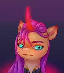 Size: 4788x5433 | Tagged: safe, artist:mrricharz, character:sunny starscout, species:alicorn, species:earth pony, species:pony, g5, my little pony: make your mark, absurd resolution, alicornified, alternate hairstyle, alternate universe, aside glance, bust, colored eyebrows, digital art, eyebrows, female, gradient background, looking at you, magic horn, mare, portrait, signature, solo, sunnycorn, three quarter view