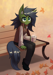 Size: 2508x3528 | Tagged: source needed, safe, artist:howxu, oc, oc:gray hat, species:anthro, species:digitigrade anthro, species:earth pony, species:pony, autumn, bench, clothing, content, drink, earth pony oc, female, happy, hot drink, hot drink in cold weather, jacket, leaves, mare, mug, pants, shirt, shoes, simple background, solo, spiky mane, vest