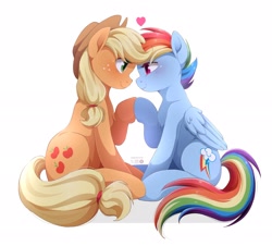 Size: 2048x1849 | Tagged: safe, artist:applesartt, character:applejack, character:rainbow dash, species:earth pony, species:pegasus, species:pony, ship:appledash, g4, apple family member, applejack's hat, clothing, cowboy hat, duo, duo female, eye contact, female, floating heart, folded wings, freckles, hat, heart, hoofbump, lesbian, looking at each other, looking at someone, mare, shipping, simple background, sitting, smiling, smiling at each other, stetson, white background, wings