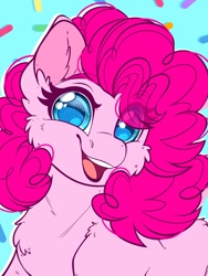 Size: 1536x2048 | Tagged: safe, artist:haywaiianhorse, character:pinkie pie, species:earth pony, species:pony, g4, blue background, cheek fluff, chest fluff, confetti, cute, diapinkes, ear fluff, eye clipping through hair, eyebrows, eyebrows visible through hair, female, looking at you, mare, open mouth, open smile, simple background, smiling, smiling at you, solo