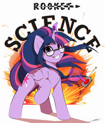 Size: 3000x3500 | Tagged: safe, artist:skitsroom, character:twilight sparkle, character:twilight sparkle (alicorn), character:twilight sparkle (scitwi), species:alicorn, species:pony, g4, big red button, cool guys don't look at explosions, explosion, female, folded wings, glasses, glowing horn, grin, hand, horn, looking at you, magic, magic aura, magic hands, mare, ponytail, raised hoof, smiling, smiling at you, solo, wings