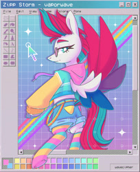 Size: 1589x1944 | Tagged: safe, artist:wavecipher, character:zipp storm, species:pegasus, species:pony, g5, my little pony: make your mark, my little pony: tell your tale, belt, blue eyes, clothing, color palette, colored hooves, colored wings, colored wingtips, denim, denim shorts, female, flying, glasses, grid, hoodie, hooves, jacket, lidded eyes, long sleeves, long socks, looking back, mare, mohawk, mouse cursor, multicolored mane, multicolored wings, pink mane, pink tail, profile, round glasses, shiny hoof, shorts, signature, smiling, socks, solo, sparkles, spread wings, striped socks, tail, thick eyelashes, two toned mane, two toned tail, underhoof, vaporwave, webcore, white coat, wingding eyes, wings