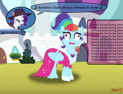 Size: 6632x5100 | Tagged: safe, artist:romulus4444, character:rainbow dash, character:rarity, species:pegasus, species:pony, species:unicorn, g4, alternate hairstyle, canterlot, clothing, darling, derp, detective rarity, dress, eyeshadow, hat, makeup, manechat, manechat challenge, megaradash, multicolored hair, rainbow dash always dresses in style, rainbow hair, signature, speech bubble