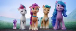 Size: 1910x797 | Tagged: safe, edit, edited screencap, editor:i-shooped-a-pwny, screencap, character:hitch trailblazer, character:izzy moonbow, character:pipp petals, character:sunny starscout, character:zipp storm, species:earth pony, species:pegasus, species:pony, species:unicorn, g5, my little pony: a new generation, blaze (coat marking), bridlewood, coat markings, colored hooves, female, gradient hair, height supremacy, hooves, izzy is tol, male, mane five, mare, multicolored hair, pipp is small, pipp wings, size difference, smol, socks (coat marking), stallion, unshorn fetlocks, wat