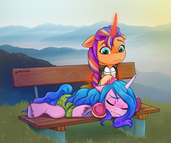 Size: 2492x2094 | Tagged: safe, artist:mrricharz, character:izzy moonbow, character:sunny starscout, species:alicorn, species:earth pony, species:pony, species:unicorn, g5, my little pony: make your mark, alicornified, alternate universe, bench, clothing, colored eyebrows, colored hooves, cravat, digital art, eyebrows, fanfic art, female, floppy ears, frown, gradient hair, hoof heart, hooves, horn, lying down, magic horn, magic wings, mane stripe sunny, mare, multicolored hair, race swap, signature, sitting, sunnycorn, underhoof, unshorn fetlocks, upside-down hoof heart