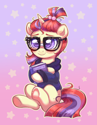 Size: 2735x3533 | Tagged: safe, artist:confetticakez, character:moondancer, species:pony, species:unicorn, g4, abstract background, book, clothing, colored eyebrows, cute, dancerbetes, eyebrows, female, glasses, gradient background, high res, hoodie, horn, looking at you, mare, meganekko, sitting, smiling, smiling at you, solo, stars, underhoof