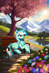 Size: 3600x5400 | Tagged: safe, artist:allegrenix, character:lyra heartstrings, species:pony, species:unicorn, g4, absurd resolution, bench, chest fluff, crepuscular rays, female, flower, forest, grass, grass field, horn, mare, mountain, nature, outdoors, river, scenery, sitting, smiling, solo, sun, tree, water